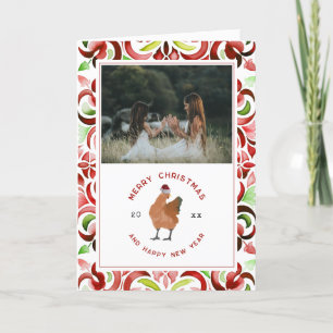 Chicken Red & Green Watercolor Christmas Photo Holiday Card