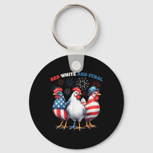 Chicken Red White And Feral Patriotic Rooster 4th Keychain