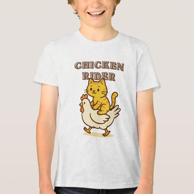 Chicken Rider – Funny Cat Riding Chicken Cartoon  Tri-Blend Shirt (Front)