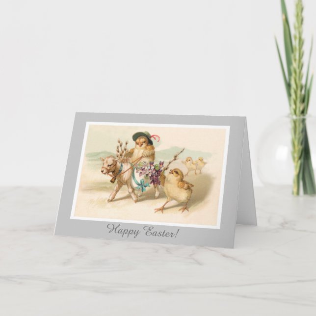 Chicken Riding Lamb - Cute Vintage Easter Gift Holiday Card (Front)