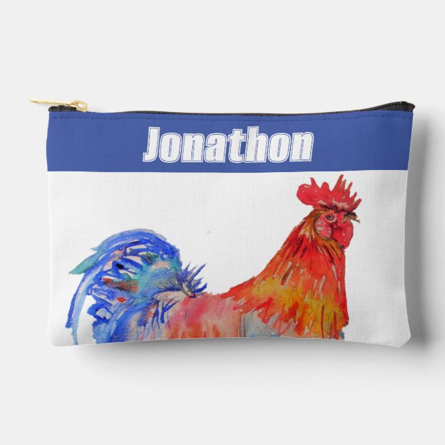 Chicken Rooster Bird Kids Boys Name Blue Red Accessory Pouch (Front)