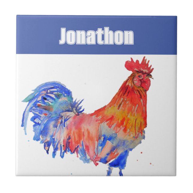 Chicken Rooster Bird Kids Boys Name Blue Red Ceramic Tile (Front)