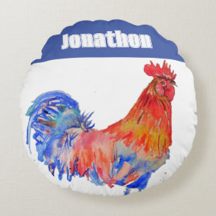 Chicken Rooster Bird Kids Boys Name Blue Red Round Pillow