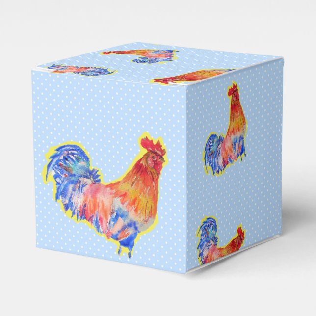 Chicken Rooster Blue Boys Birthday Cake Favor Box (Front Side)