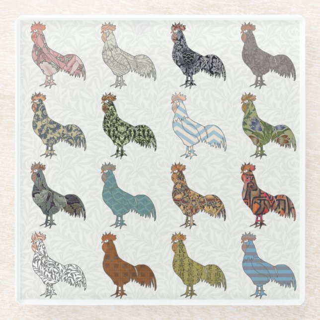 Chicken Rooster Colorful Pattern Farm Glass Coaster (Front)