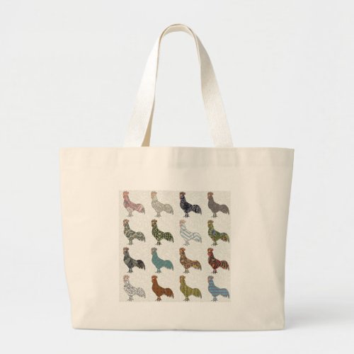 Chicken Rooster Colorful Pattern Farm Large Tote Bag