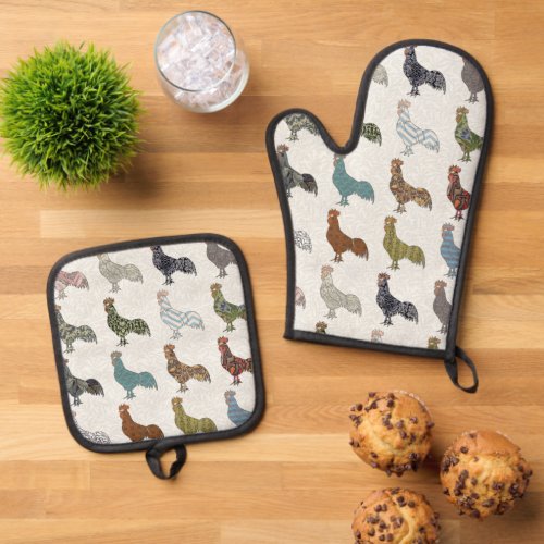 Chicken Rooster Colorful Pattern Farm Oven Mitt  Pot Holder Set