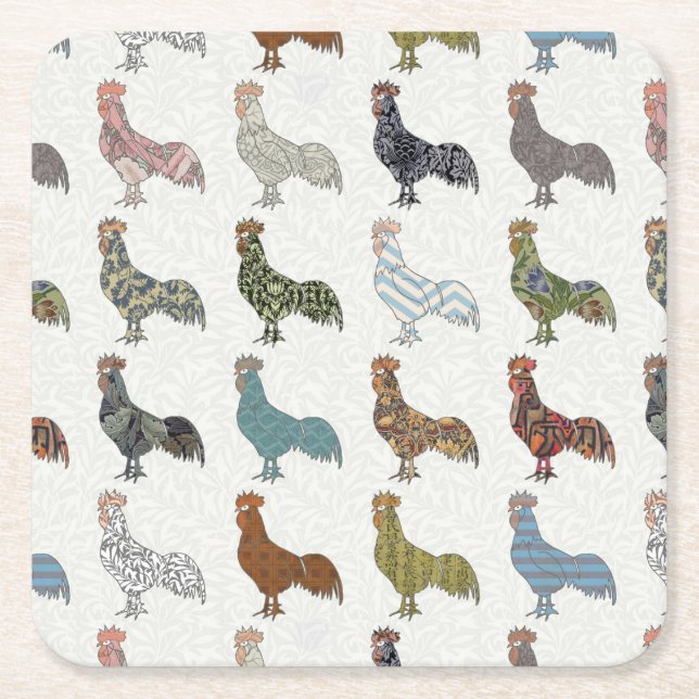 Chicken Rooster Colorful Pattern Farm Square Paper Coaster (Front)
