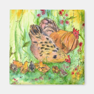 Chicken Rooster Hen Chicks Watercolor Meadow Magnet