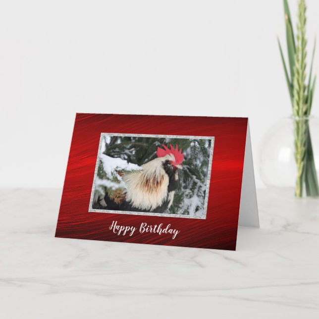 Chicken Rooster Pine Snow Photo Birthday Card (Front)