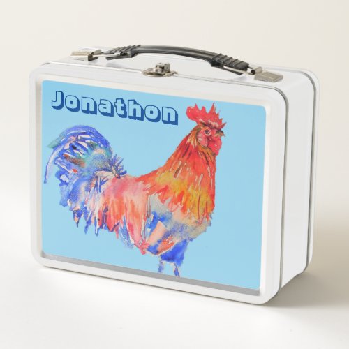 Chicken Rooster Watercolour Chids Name Lunch Box