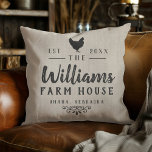 Chicken Rustic Family Name Farm Throw Pillow<br><div class="desc">Rustic and quaint design personalized with your family name,  home city,  established date,  or any other custom text. This pillow features a vintage design resembling a feed grain bag with a silhouette of a chicken at the top. You can customize this further by clicking on the "PERSONALIZE" button.</div>