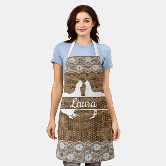 Chicken Split Monogram Lace Burlap Apron Your Name (Worn)