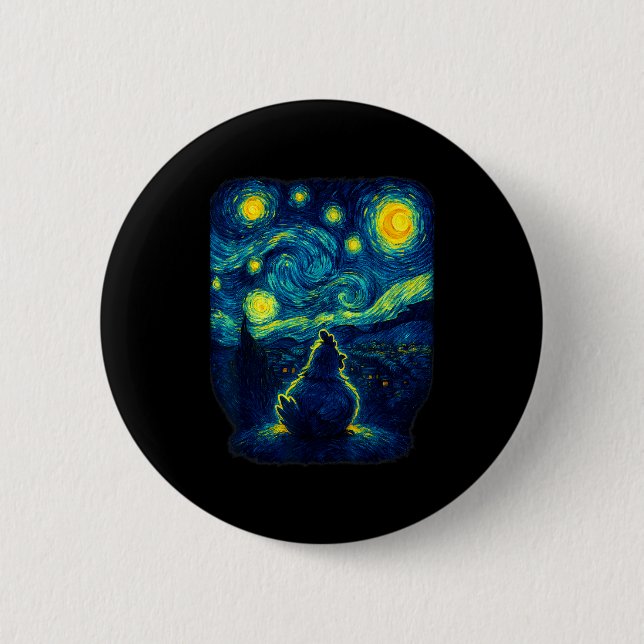 Chicken Starry Funny Night Van Gogh Farm Lover Gir Button (Front)