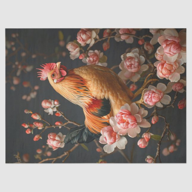 Chicken Surrounded by Pink Flowers Decoupage Tissue Paper (Front)
