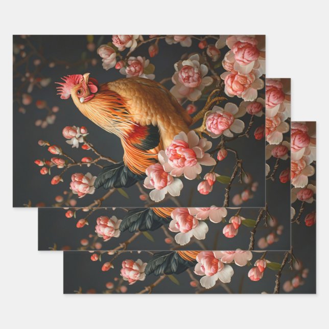 Chicken Surrounded by Pink Flowers Decoupage Wrapping Paper Sheets (Set)