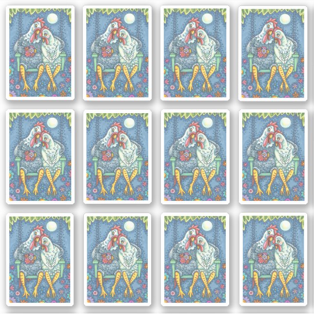 CHICKEN SWEETHEARTS, HEN & ROOSTER ON PORCH SWING STICKER (Front)