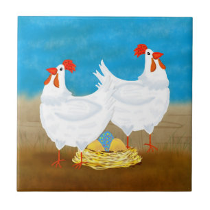 chicken tile, two hens and nest of eggs ceramic tile