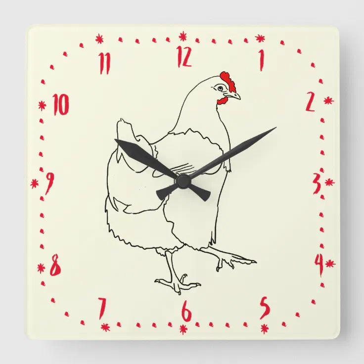 Chicken Time Cartoon Hen Drawing Farm Animal Art Square Wall Clock | Zazzle