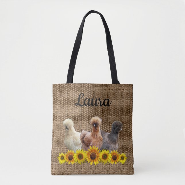 Chicken Tote Your Name Silkies Sunflowers Burlap (Front)