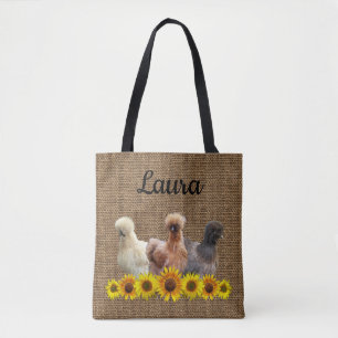Chicken Tote Your Name Silkies Sunflowers Burlap Bag