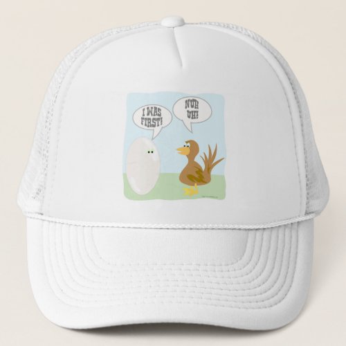 Chicken vs Egg Showdown Fun Cartoon Trucker Hat