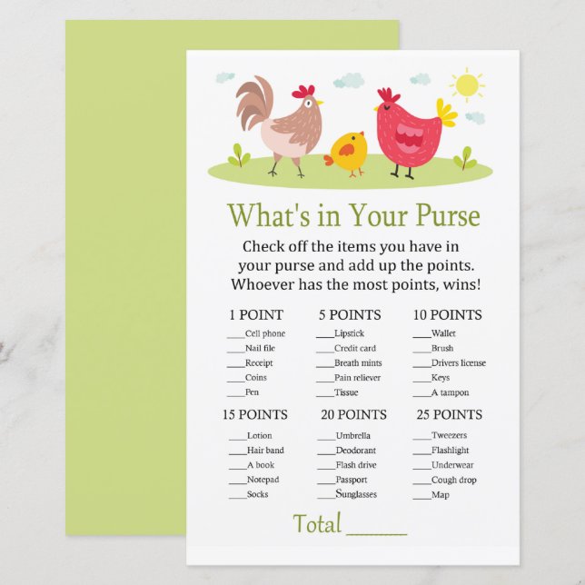 Chicken What's in your purse game baby shower (Front/Back)
