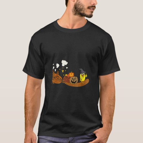 Chicken Witch Carrying Leopard Pumpkins On Broomst T_Shirt