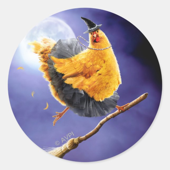 Chicken Witch on Broomstick Classic Round Sticker (Front)