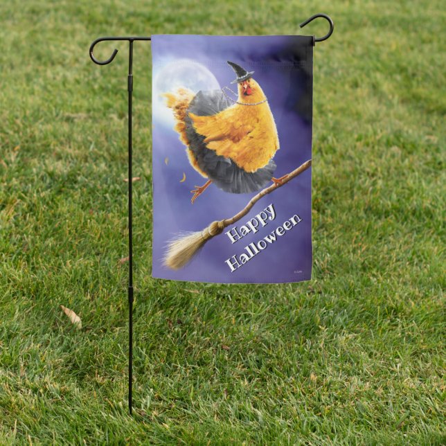 Chicken Witch on Broomstick Garden Flag (In SItu)