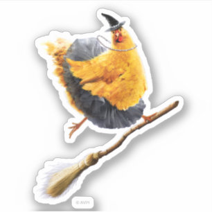 Chicken Witch on Broomstick Sticker