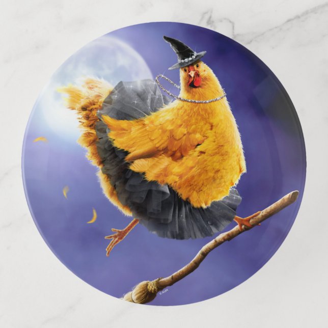 Chicken Witch on Broomstick Trinket Tray (Front)