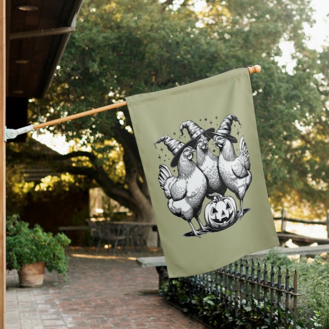 Chicken Witches Funny Halloween Vintage Witch  House Flag (In SItu)