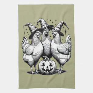 Chicken Witches Funny Halloween Vintage Witch Kitchen Towel