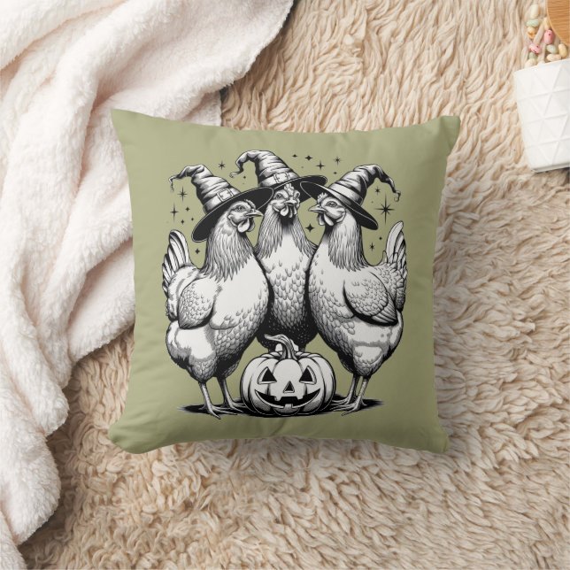 Chicken Witches Funny Halloween Vintage Witch  Throw Pillow (Blanket)