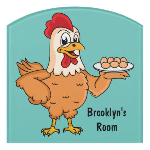 Chicken with eggs on plate cartoon door sign