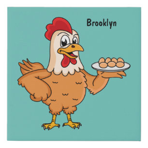Chicken with eggs on plate cartoon faux canvas print
