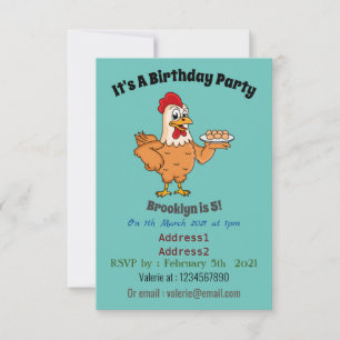 Chicken with eggs on plate cartoon invitation