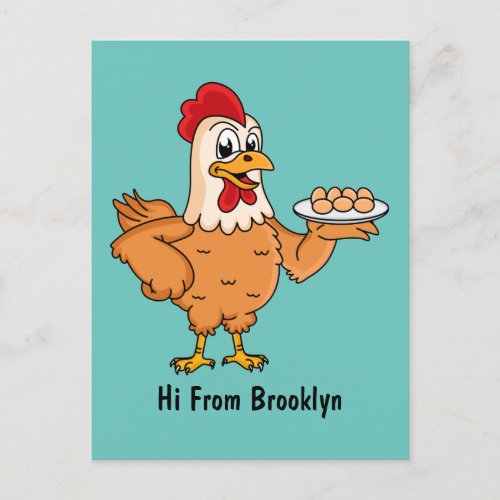 Chicken with eggs on plate cartoon postcard