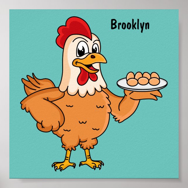 Chicken with eggs on plate cartoon poster (Front)
