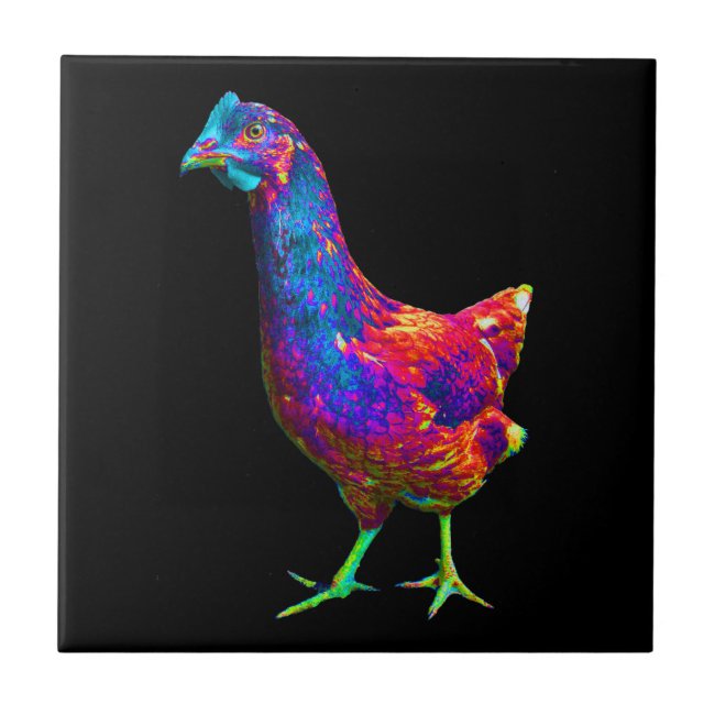 Chicken with Green Feet Neon Rainbow Ceramic Tile