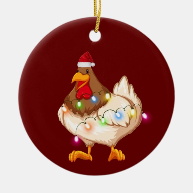 Chicken With Hat Lights Christmas Ceramic Ornament (Front)