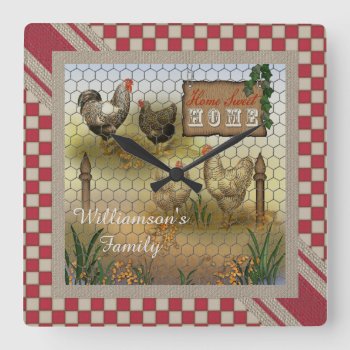 Chicken Yard Home Sweet Home Vintage Square Wall Clock by TrendyKitchens at Zazzle