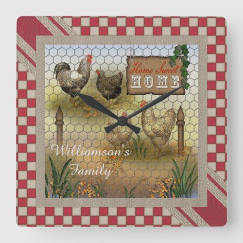 Chicken Yard Home Sweet Home Vintage Square Wall Clock