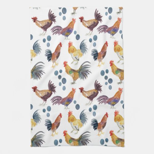 Chickens and Eggs Barnyard Farm Country Watercolor Kitchen Towel