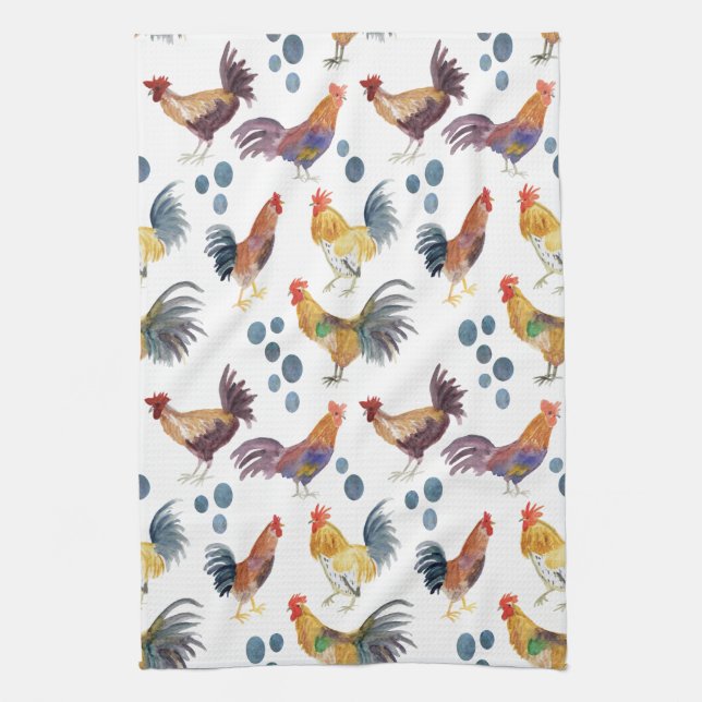 Chickens and Eggs Barnyard Farm Country Watercolor Kitchen Towel (Vertical)