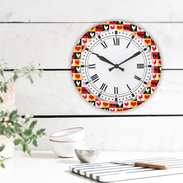 Chickens and Hearts Country farm kitchen Large Clock (Creator Uploaded)