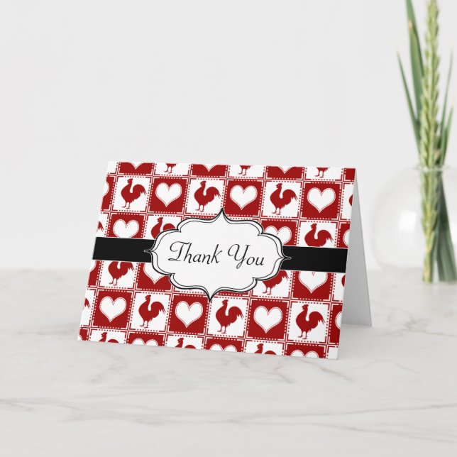 Chickens and Hearts Rooster Pattern Letterpress Thank You Card (Front)