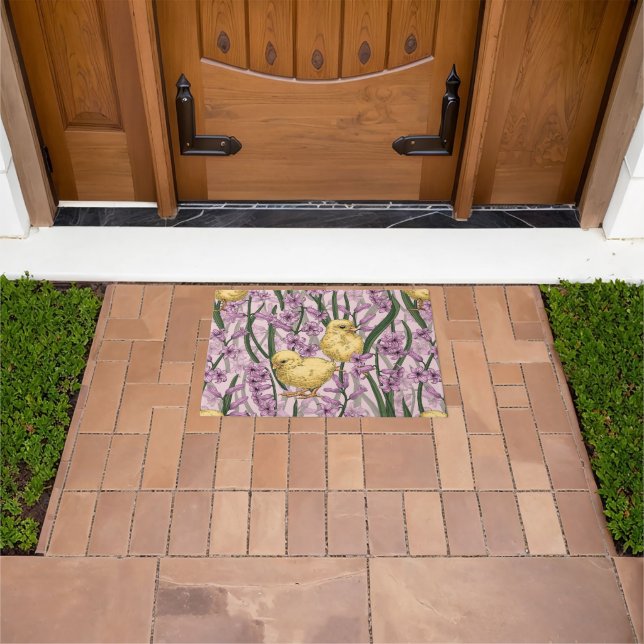 Chickens and hyacinths on pink doormat (Outdoor)