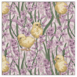 Chickens and hyacinths on pink fabric